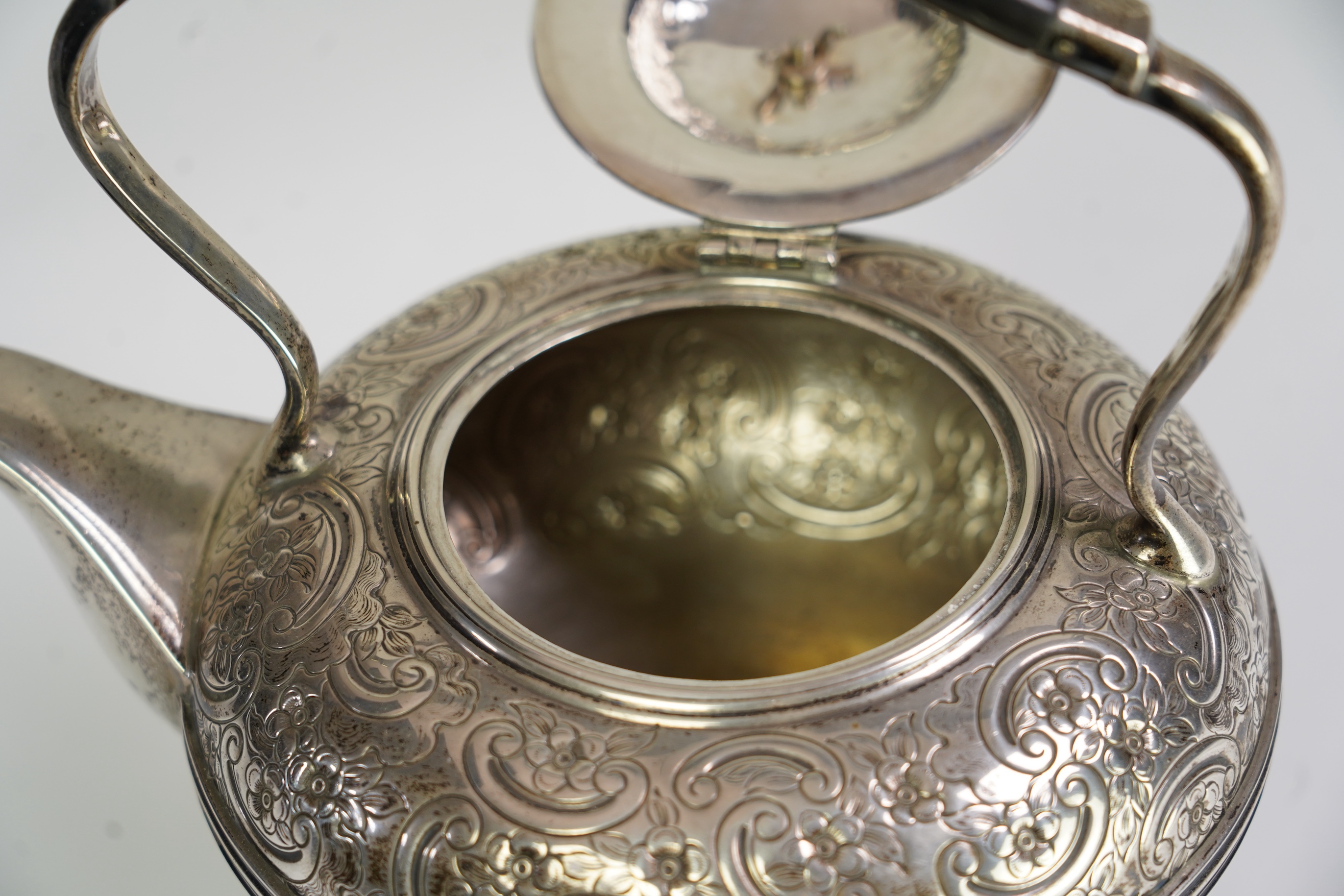 A George V silver spirit kettle, on stand with burner, by Fordham & Faulkner